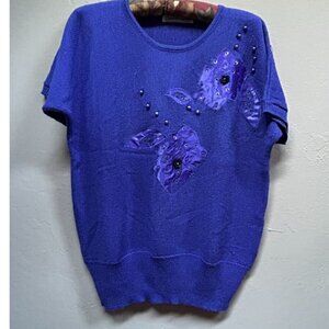 San Huwn Jean Jir Womens Knitted Wool Beaded Sequined Sweater Top Stretch Blue